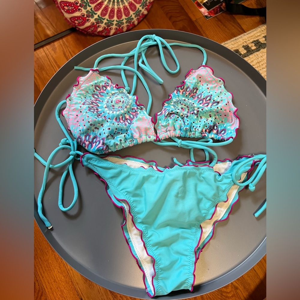 Turquoise Floral Ruffle Two-Piece Bikini